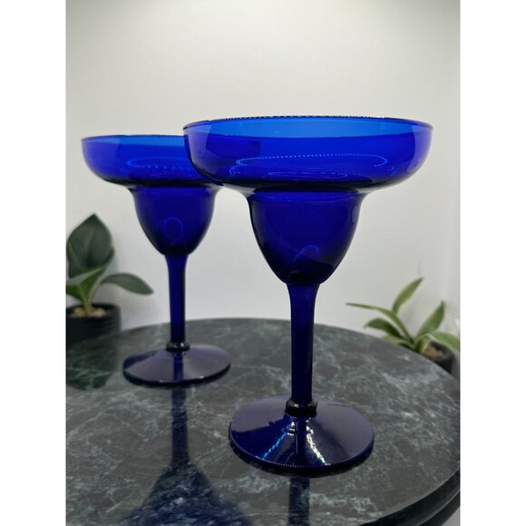 Vintage Pier 1 Cobalt Blue Glass Margarita Cocktail Goblets Set Of 2 - Picture 6 of 15